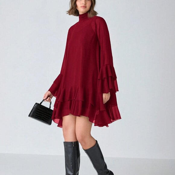 Burgundy Elegant Women's Stand Collar Long Sleeve flowy Short ruffled hem Dress - Picture 7 of 8